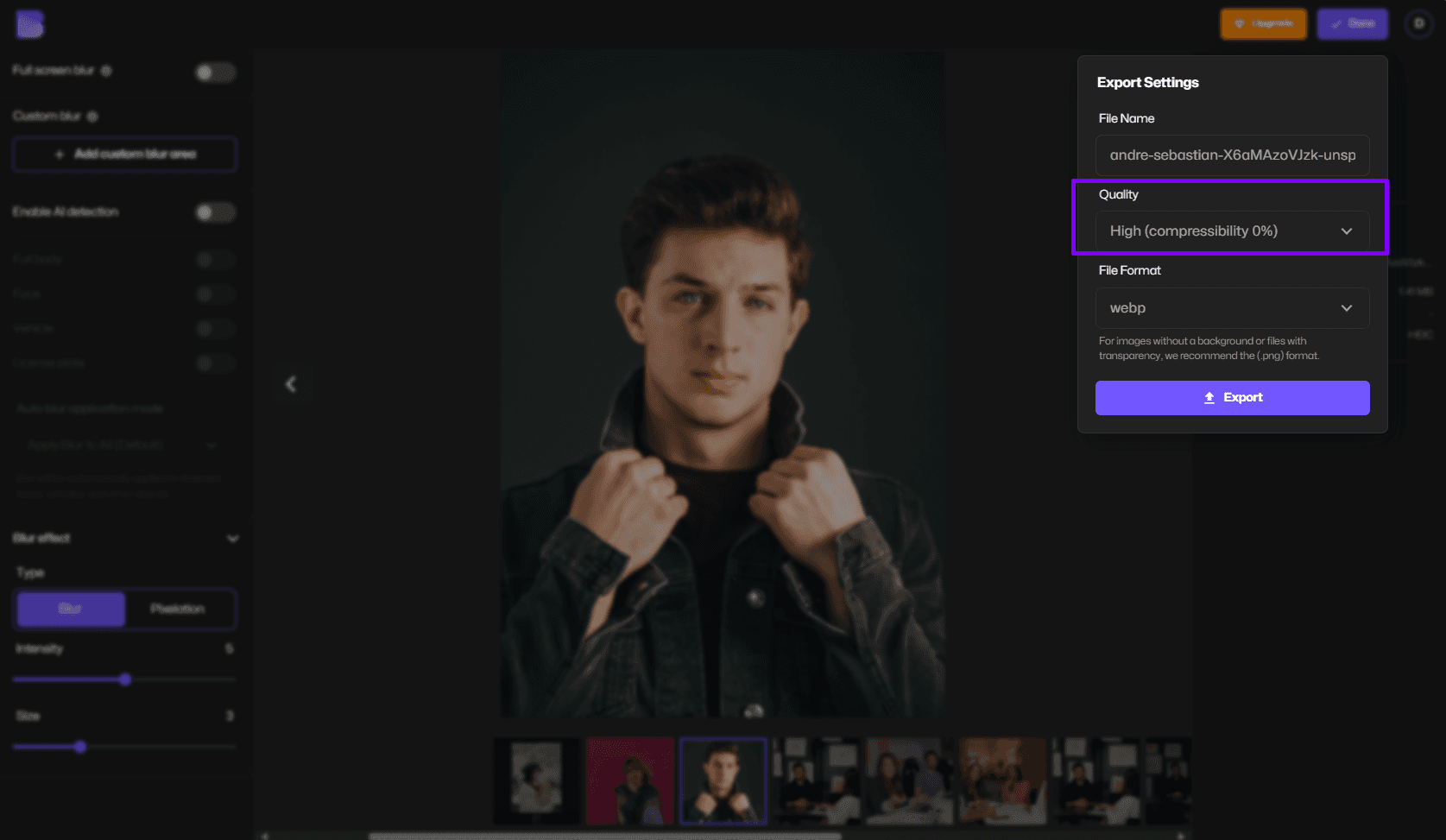 Tutorial sul convertitore di immagini 4K di BlurMe che mostra i risultati prima e dopo la conversione in HD