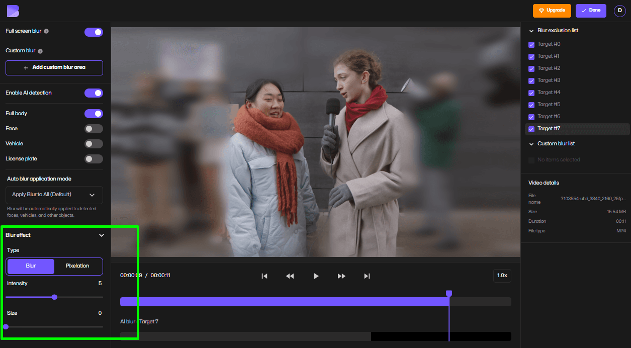 Regola l'intensità della sfocatura dello sfondo del video e crea l'effetto bokeh.