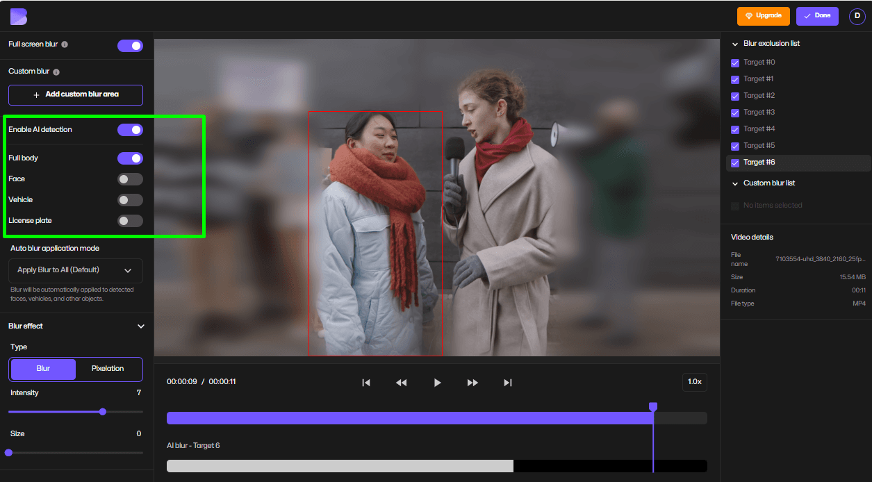 AI blur detects faces and lets you select visible areas in video background.