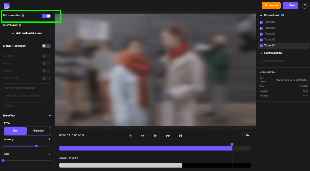 Applica sfocatura a schermo intero per nascondere l'intero sfondo del video.