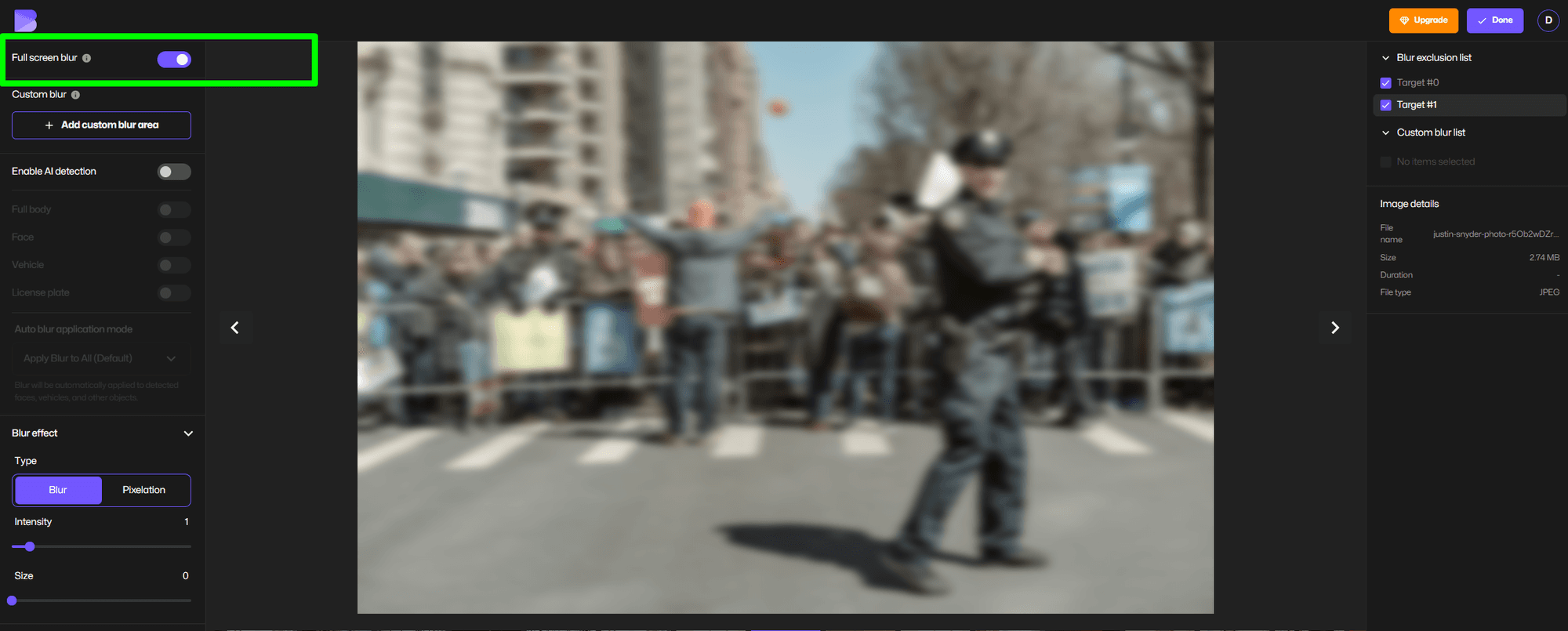 Apply full screen blur to hide or soften your image background.