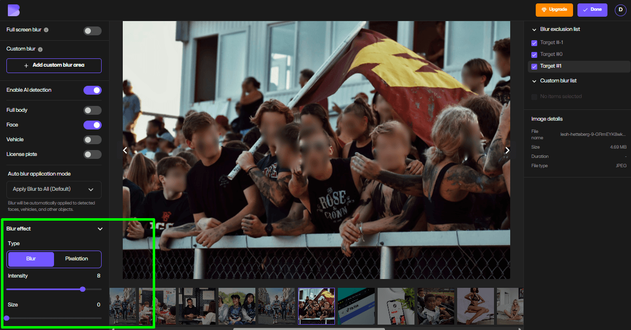 Select blur, pixelate, or mosaic effect to anonymize faces in a photo.