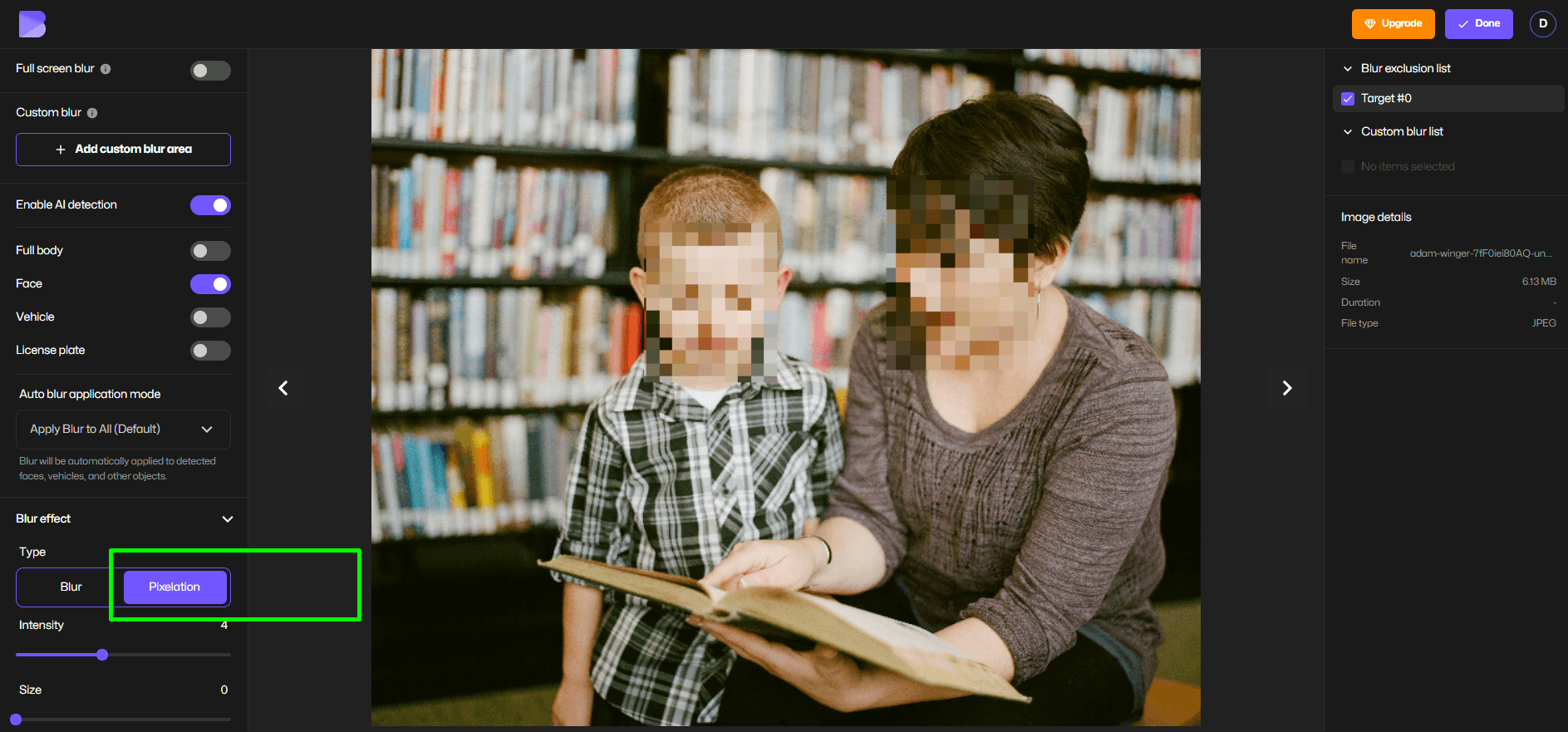 Screenshot of BlurMe pixelation feature.