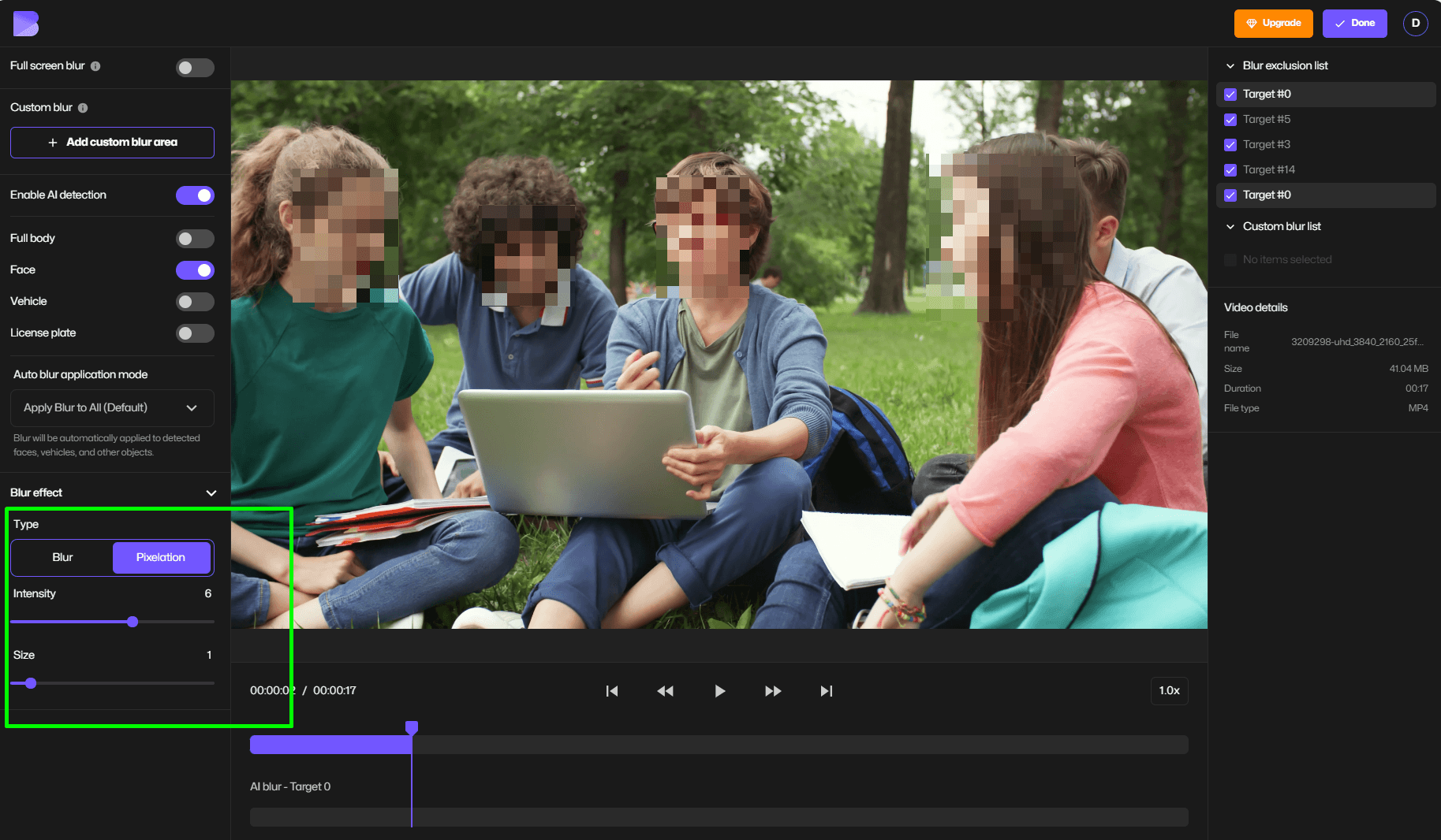 Apply blur, pixelate, or mosaic effect to cover faces in a video.