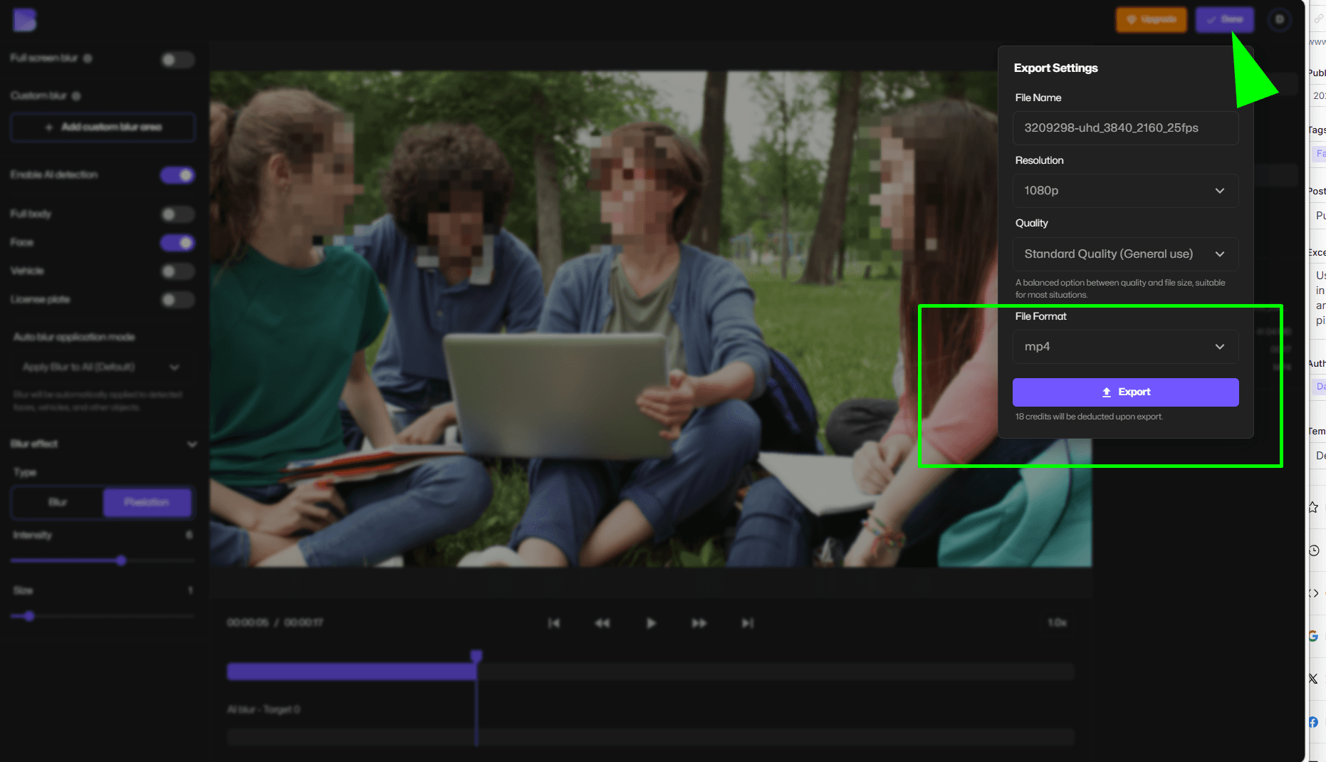 Download the anonymized video with blurred or pixelated faces for posting online.