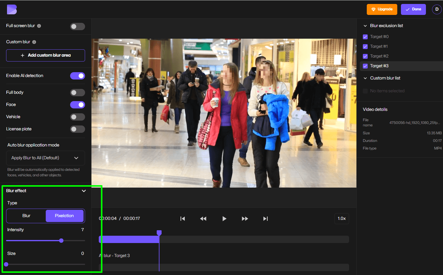 Adjust blur style and pixelation intensity in BlurMe AI redaction software