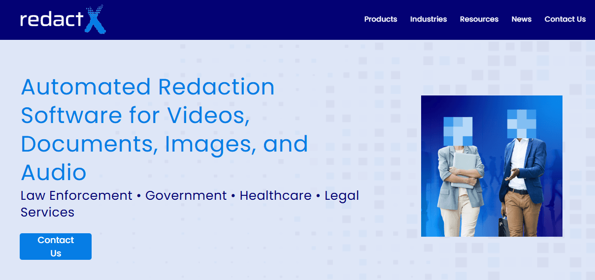 RedactX Cloud video redaction homepage.