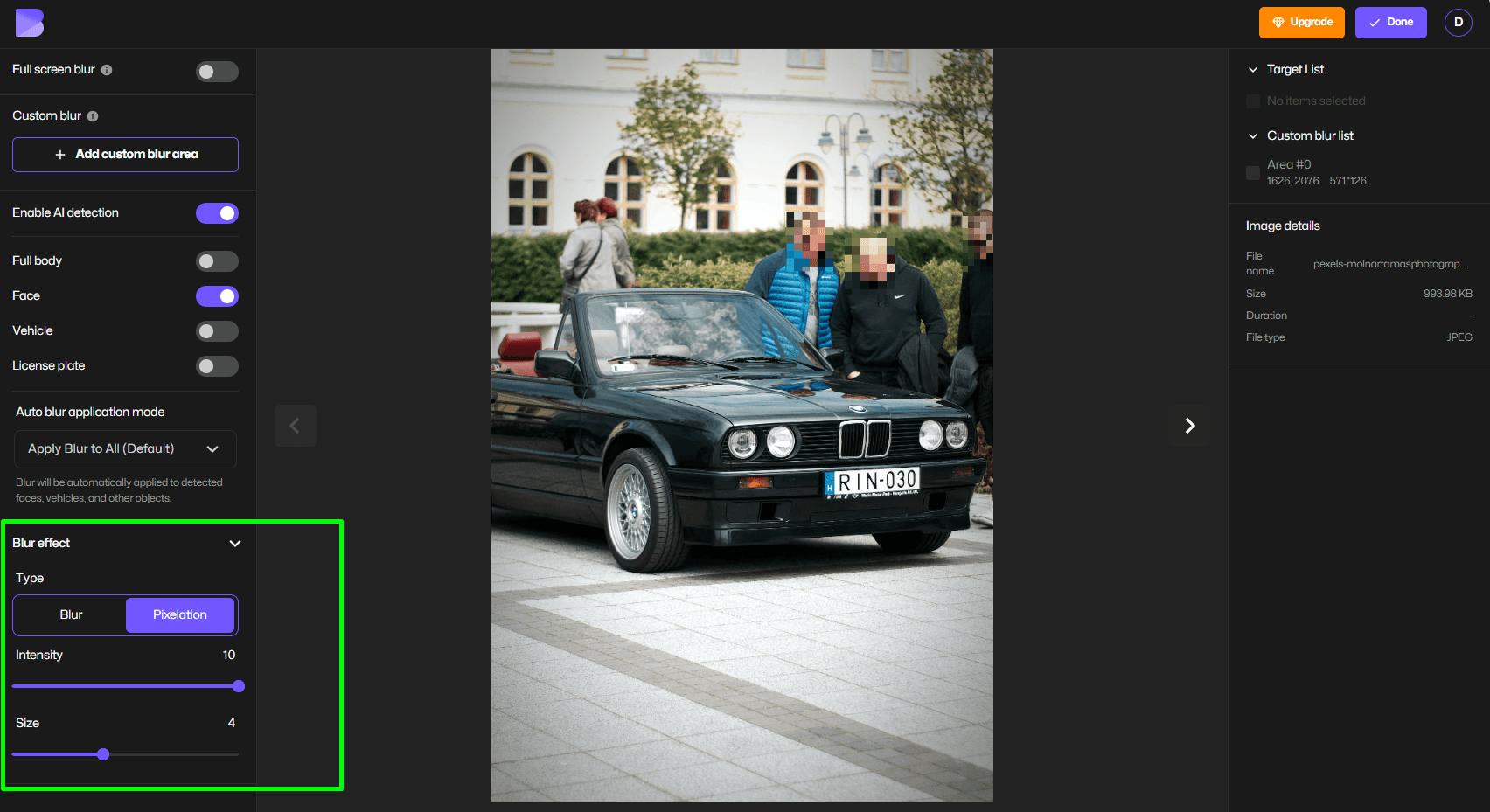 Ajustement de la pixellisation dans l'outil Pixelate Image.