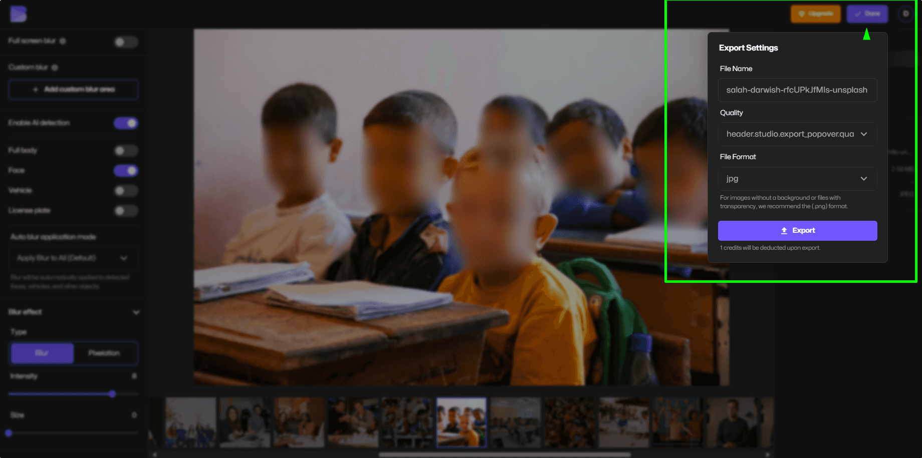 Export blurred image screen.