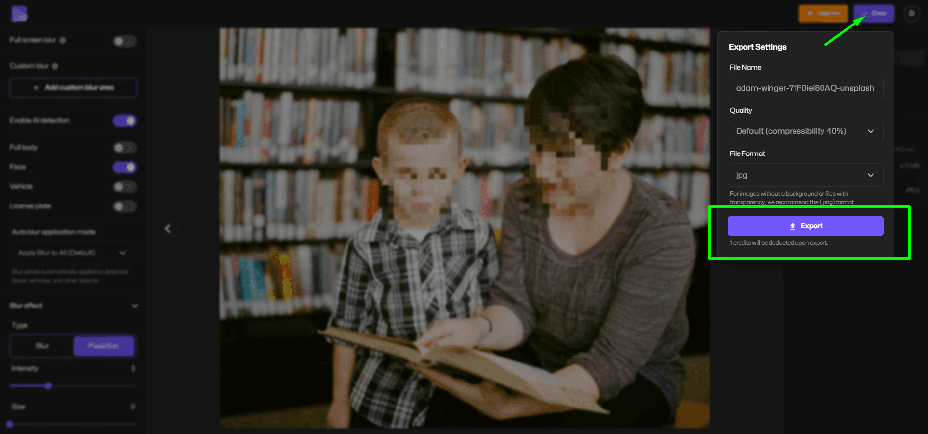 Blur face in photo export screen.