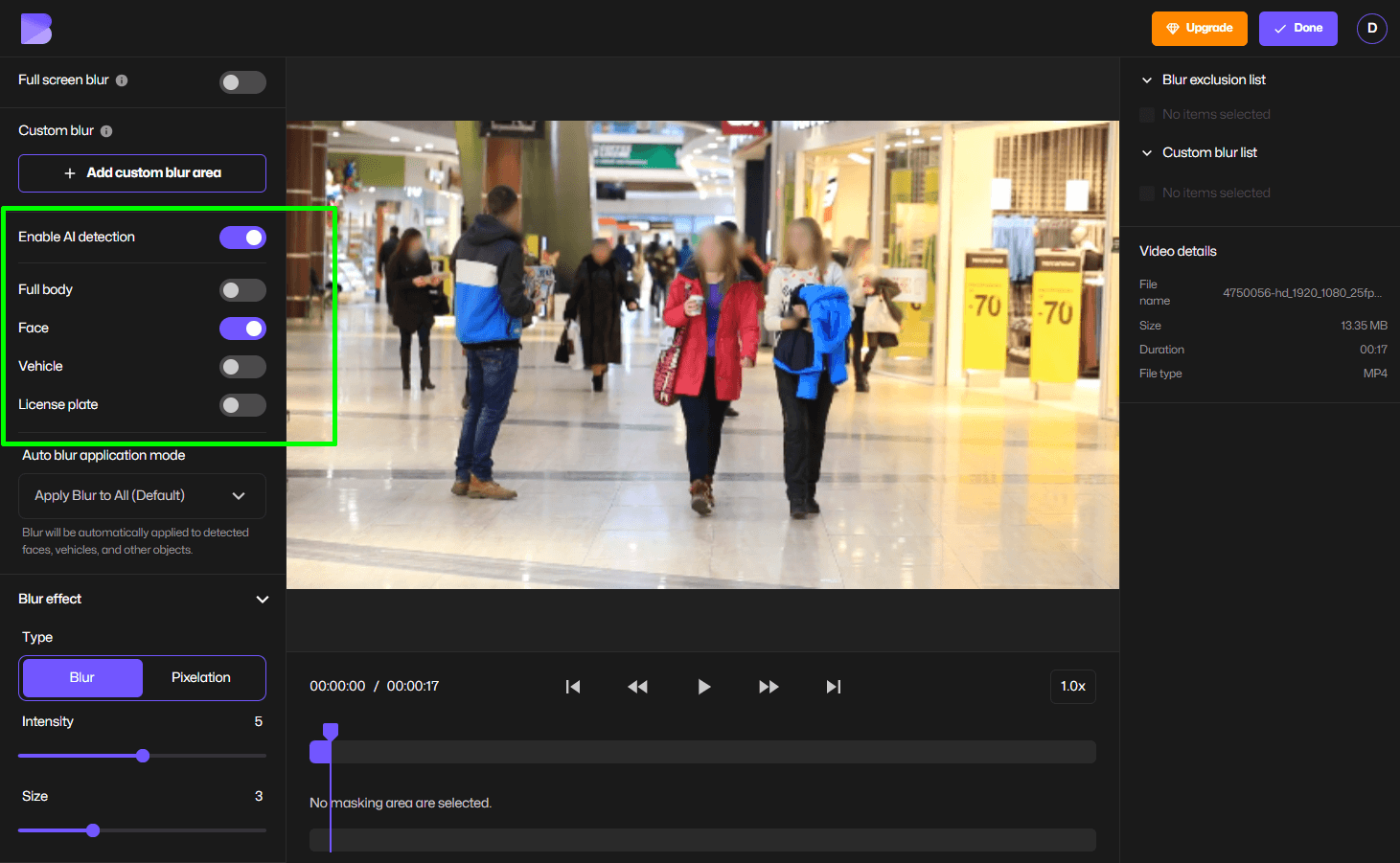 Enabling face detection to redact using BlurMe redaction tool.