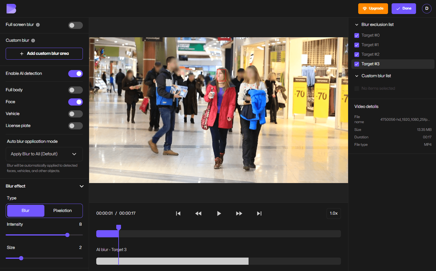 selecting faces to blur using BlurMe face redaction tool.