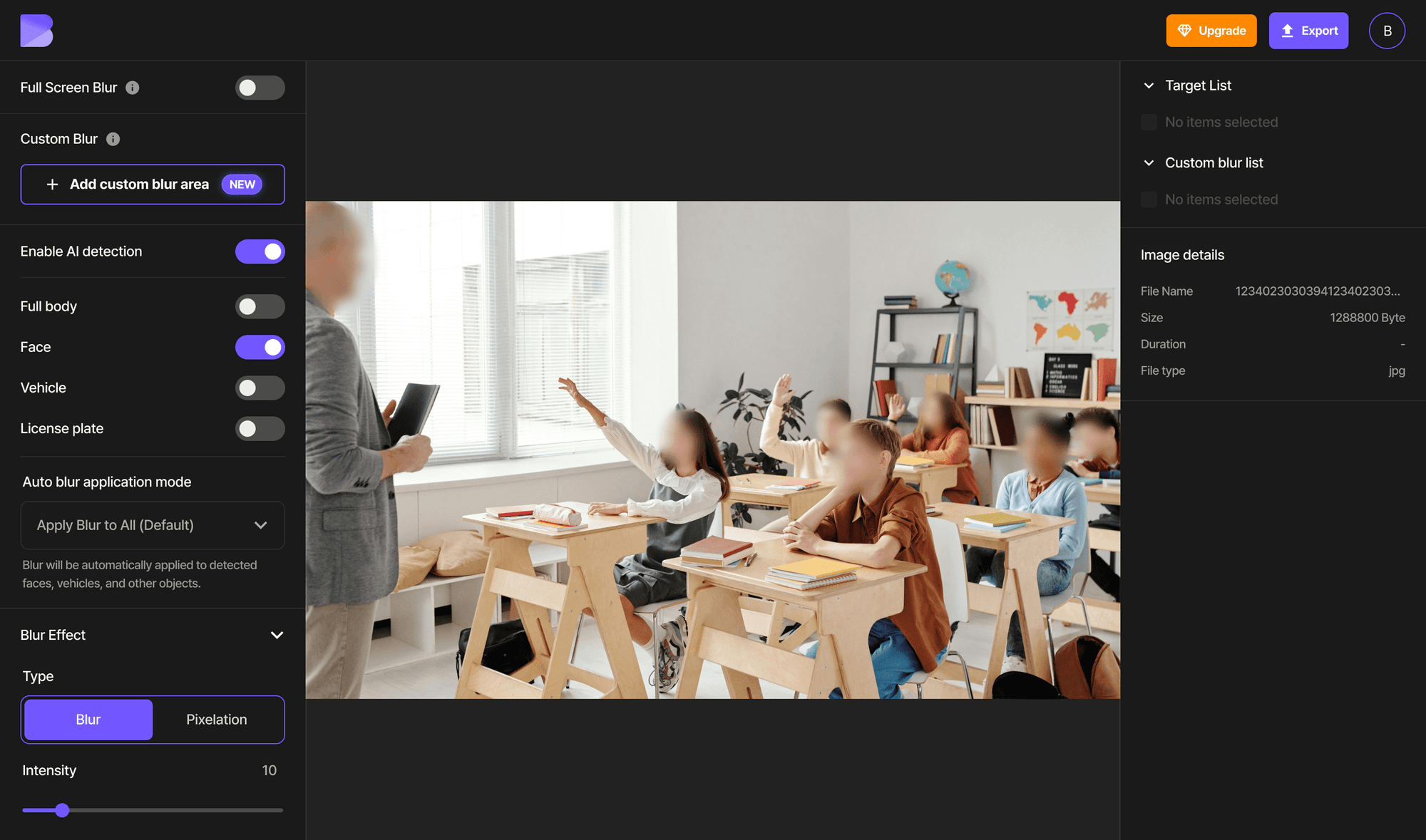 Screenshot of BlurMe AI tool automatically blurring student faces in video.