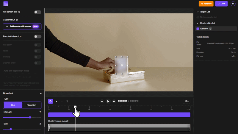BlurMe editor showing how to blur moving objects in video using Custom Blur.